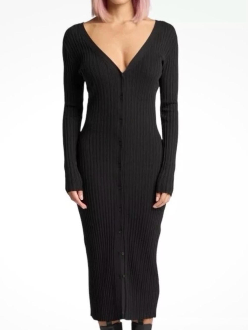 NWT- Lita by Ciara Black Ribbed Button-Front Midi Dress